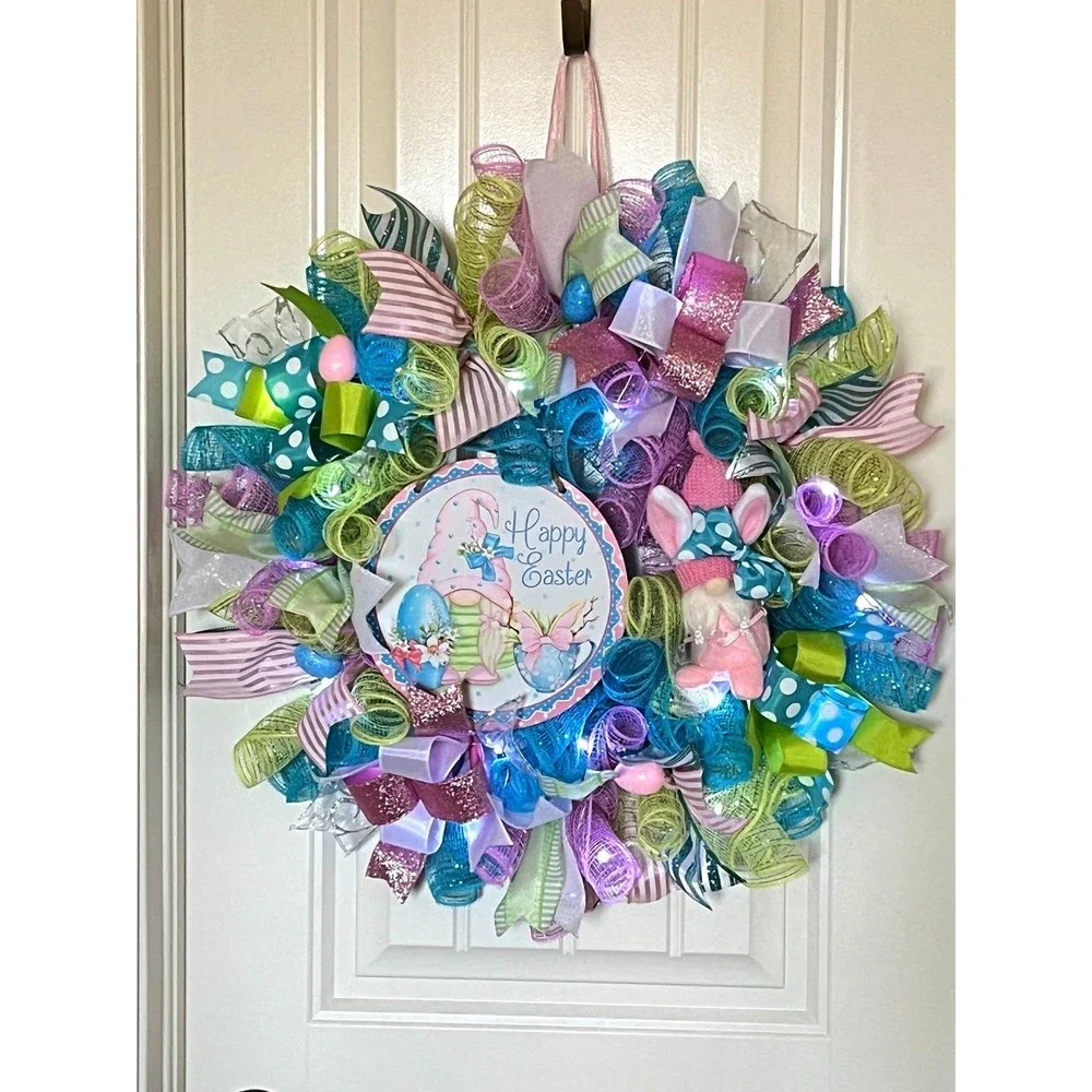 Handmade Easter Girl Bunny Gnome Prelit Ribbon Wreath 22 in LED W8